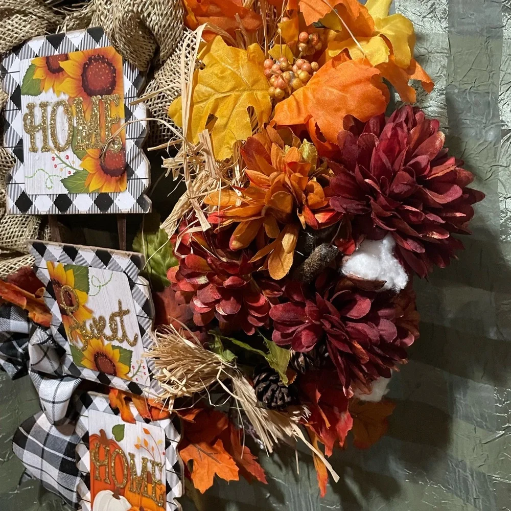 Handmade by me Fall Wreath! 14 inch base. Home Sweet Home, flowers and punpkins!
